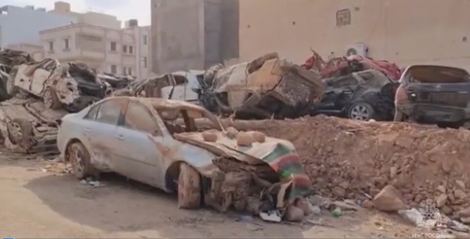 Consequences of flooding in Libya, September 2023, frame from video footage by Emercom of Russia (see from timestamp "-04:00")