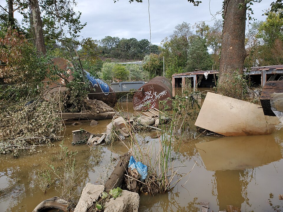 Debris in River Arts District after Hurricane Helene Flooding