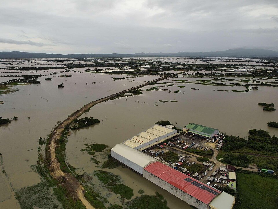 A drone shot of rice fields submerged in flooding following the onslaught of Severe Tropical Storm Kristine